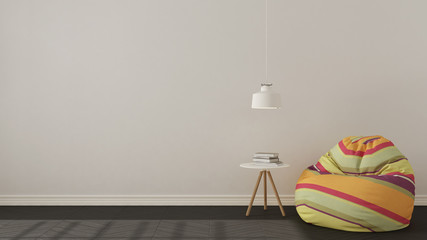 Scandinavian minimalistic living background, with colorful armchair bean bag on herringbone natural parquet flooring, interior design