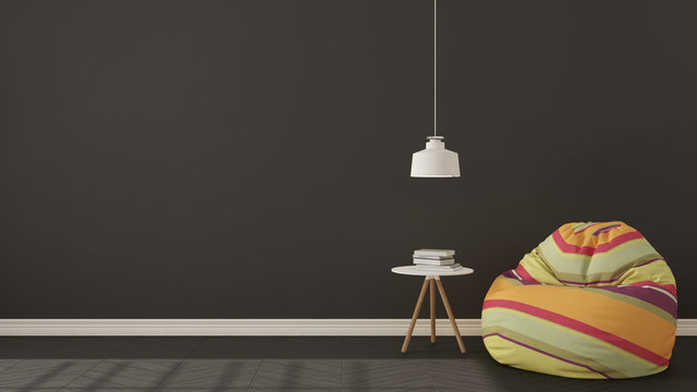 Scandinavian minimalistic living background, with colorful armchair bean bag on herringbone natural parquet flooring, interior design