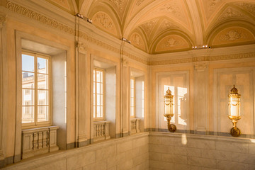 Windows and marble walls enlighted from sun in Villa Reale of Monza. Italy