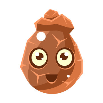 Brown Cracked Rock Element Egg-Shaped Cute Fantastic Character With Big Eyes Vector Emoji Icon