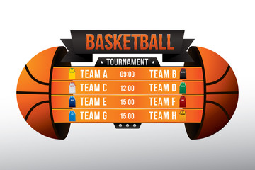 Obraz premium Vector of basketball match with team competition and scoreboard on court background.