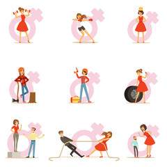 Woman In Red Dress Taking On Traditional Male Roles And Exchanging Places With Man, Series Of Feminism Illustration And Female Power