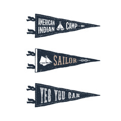 Hand drawn adventure pennant flags set. Vector illustrations and inspirational lettering.