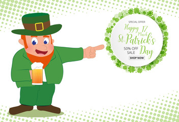 Leprechaun  hand point to special offer sale text  green  clover leaves  background, St. Patrick's Day concept