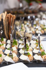 Golosi antipastini finger food allineati su vassoi posti su un tavolo