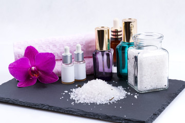 Obraz na płótnie Canvas Scented sea salt white bath and spa. Aromatherapy and Relaxation 