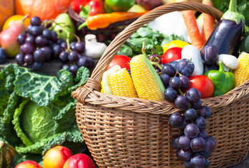 Fruits and vegetables like tomatoes, eggplants, corns and grapes arranged in a group. Natural still life for healthy food.