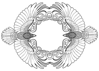 Vector illustration of Celtic ravens pair in love frame black and white