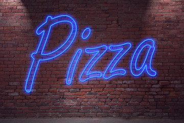 Leuchtreklame Pizza an Ziegelsteinmauer