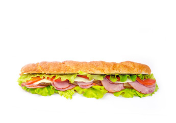 long sandwich with tomatoes and juicy sausage on a white background 3