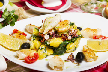 Grilled calamari on a white plate with boiled potatoes and chard, lemon, cherry tomatoes and olives.