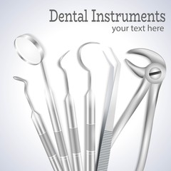Teeth dental medical equipment steel tools set realistic vector illustration.Dental explorer,Dental probe,Mouth mirror,Dental forceps,Medical Tweezers,Dental Pick-3d realistic set for medical brochure