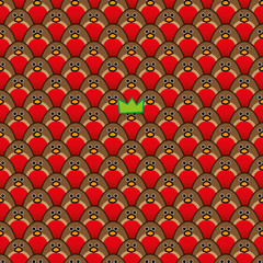 Robin Redbreast wearing Green Paper Hat amonst crowd of Robins