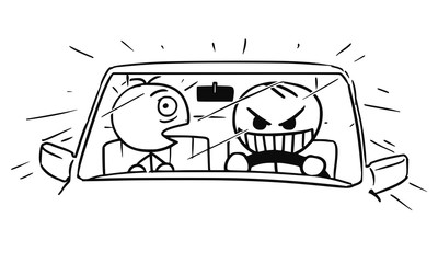 Vector Stickman Cartoon of Crazy Car Driver and Scared Front Seat Passenger