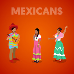 Isometric Mexican People in Traditional Clothes. Vector 3d flat illustration