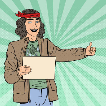 Pop Art Smiling Hitchhiking Hipster Tourist with Blank Sheet. Vector illustration