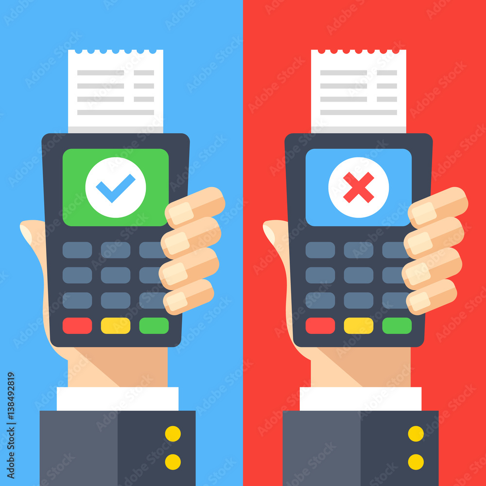 Poster payment terminals with cross and tick check marks on screen. hands holding pos terminals with receip