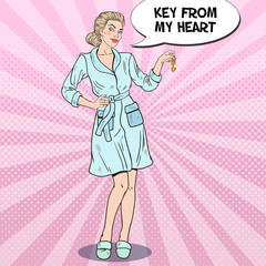 Pop Art Flirting Woman Holding Golden Key. Vector illustration
