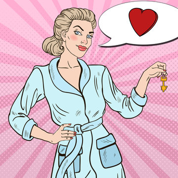 Pop Art Beautiful Woman with Key from Heart. Vector illustration