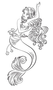 Coloring page - illustration. The Little Mermaid dancing underwater