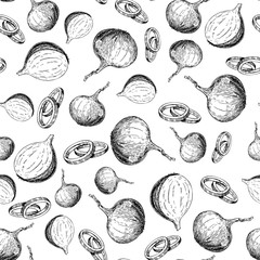 Onion hand drawn vector seamless pattern. Isolated Vegetable engraved style background.