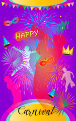 Fototapeta na wymiar Carnival, Festival, Masquerade poster, invitation design. Musicians, kids, mask, fireworks, confetti Vector illustration.