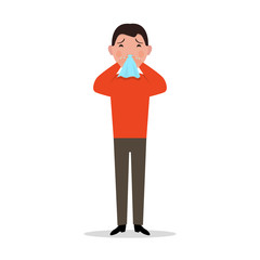 Vector cartoon man caught cold, sneeze, ill flu