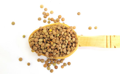 Green lentil on wooden spoon