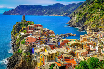 Scenic view of colorful village Vernazza and ocean coast, Cinque