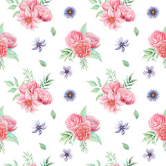 Seamless watercolor pattern with flowers and leaves, isolated on white background