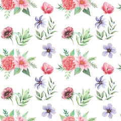 Foto op Plexiglas Seamless watercolor pattern with flowers and leaves, isolated on white background © SquirrelStudio