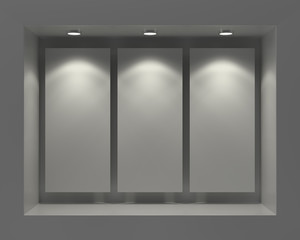 Blank white posters in showcase window in the darkness, 3D Rendering