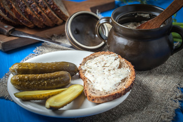 Slice of country bread with homemade lard.