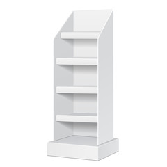 Cardboard Floor Display Rack For Supermarket. Blank Empty With Shelves Mock Up. Illustration Isolated On White Background. Ready For Your Design. Product Advertising. Vector