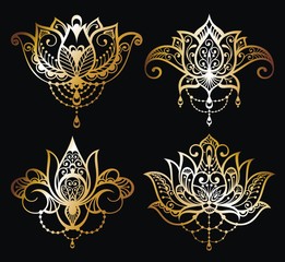 Fototapeta na wymiar Gold Lotus logo vector art set design.Vector ornamental Lotus flowers
