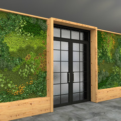 Interior with a glass entrance door and green wall with vertical gardening. Style loft. 3D visualization.
