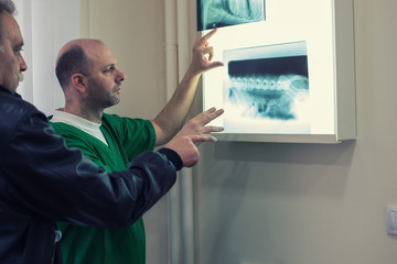Veterinarian or doctor checking up X-ray film at vet clinic.Surgery.Colored,Under exposed photo