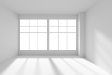 White empty room with windows and sunlight front view