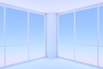 Two large windows in empty blue business office room