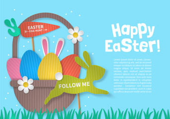 Easter holiday concept with eggs basket and bunny cardboard paper silhouette. Realistic vector illustration