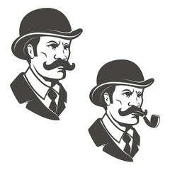 Gentleman head with vintage hat with smoking pipe. Design elements for logo, label, emblem. Vector illustration.