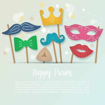 Purim holiday banner design with cardboard carnival mask, mustache and crown. Realistic vector illustration, copy space for text