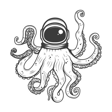 astronaut helmet with octopus tentacles. Design element for t-shirt print, poster. Vector illustration.