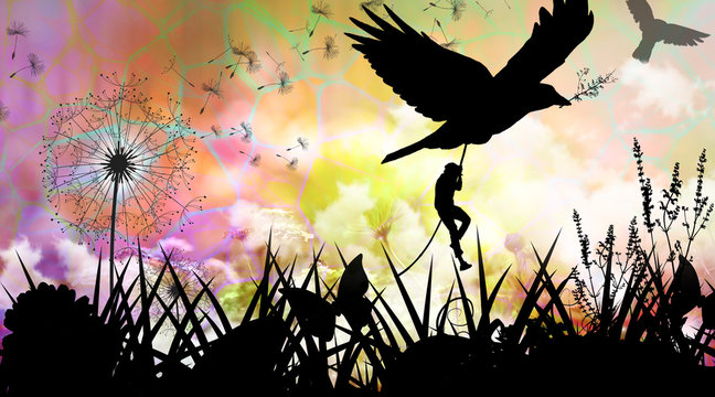 Birdie teach me how to fly cartoon character in the real world silhouette art photo manipulation