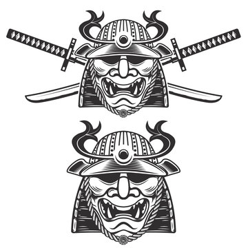 Set of the samurai mask with crossed swords isolated on white background. Design elements for logo, label, emblem, sign, brand mark. Vector illustration.