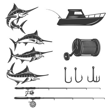 Deep sea design elements isolated on white background. Sword fish icons. Images for logo, label, emblem, sign, menu. Vector illustration.