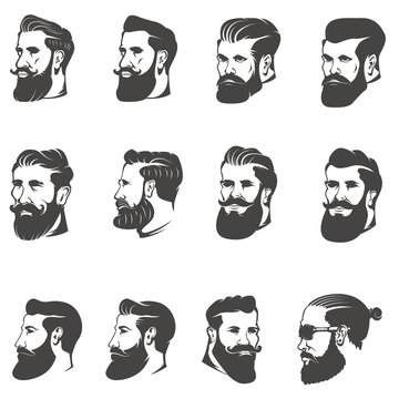 set of the bearded man head isolated on white background. Images for logo, label, emblem. Vector illustration.
