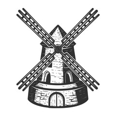 Windmill isolated on white background. Design elements for logo, label, emblem, sign, brand mark. Vector illustration