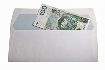 Polish zloty bill in paper envelop isolated on white