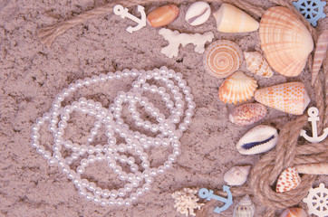 summer background with seashell on sand
